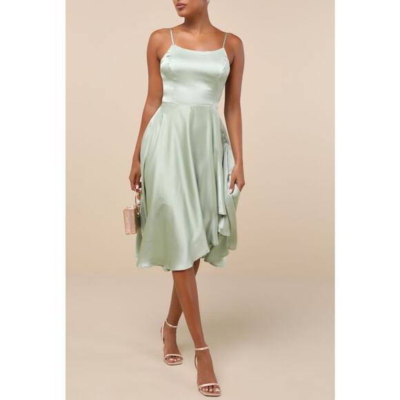 Lulus Days Like Today Sage Satin Asymmetrical Tie-Back Midi Dress NWT Sz S - Picture 1 of 9